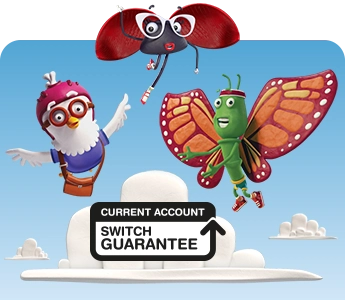 Current Account Switch Service promotional characters surrounding the Current Account Switch Service Logo